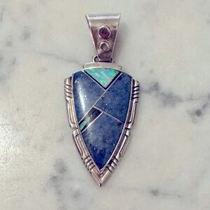 Navajo lapis and blue opal shield pendant. Like new, 2 inches.